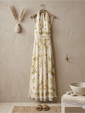 Farm Rio x Anthropologie Floral V-Neck Chiffon Maxi Dress Neutral Motif NWT